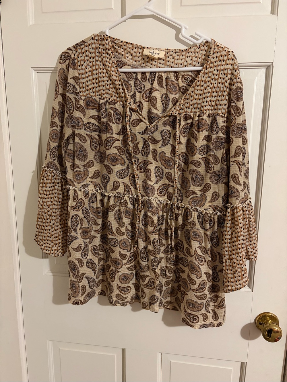 Style & Co. Cream and Brown Paisley Peasant Blouse